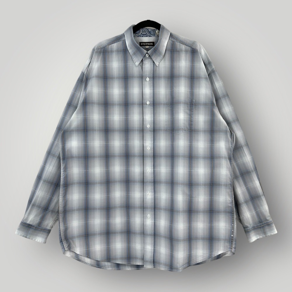 Stetson Western Shirt Men's 2XL Plaid Blue Paisley Print Flip Cuffs Long Sleeve